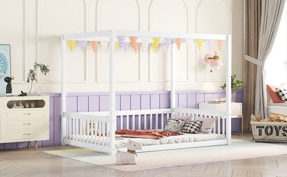 Full Size Canopy Frame Floor Bed With Fence, Guardrails - White