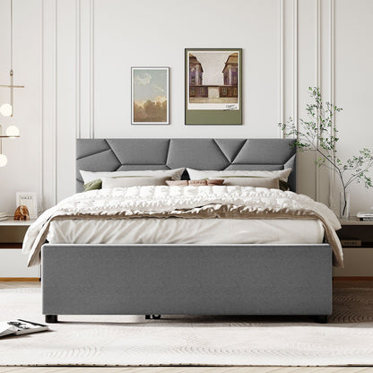 Queen Size Upholstered Platform Bed With Brick Pattern Headboard And Twin Long Size Trundle - Gray