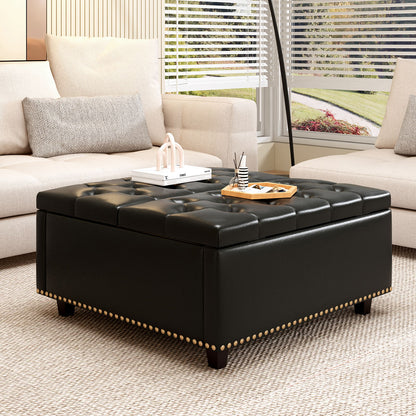 Large Square Storage Stool With 2 Storage Doors, Footstool For Living Room Studded Mid - Century Modern Coffee Table - Black