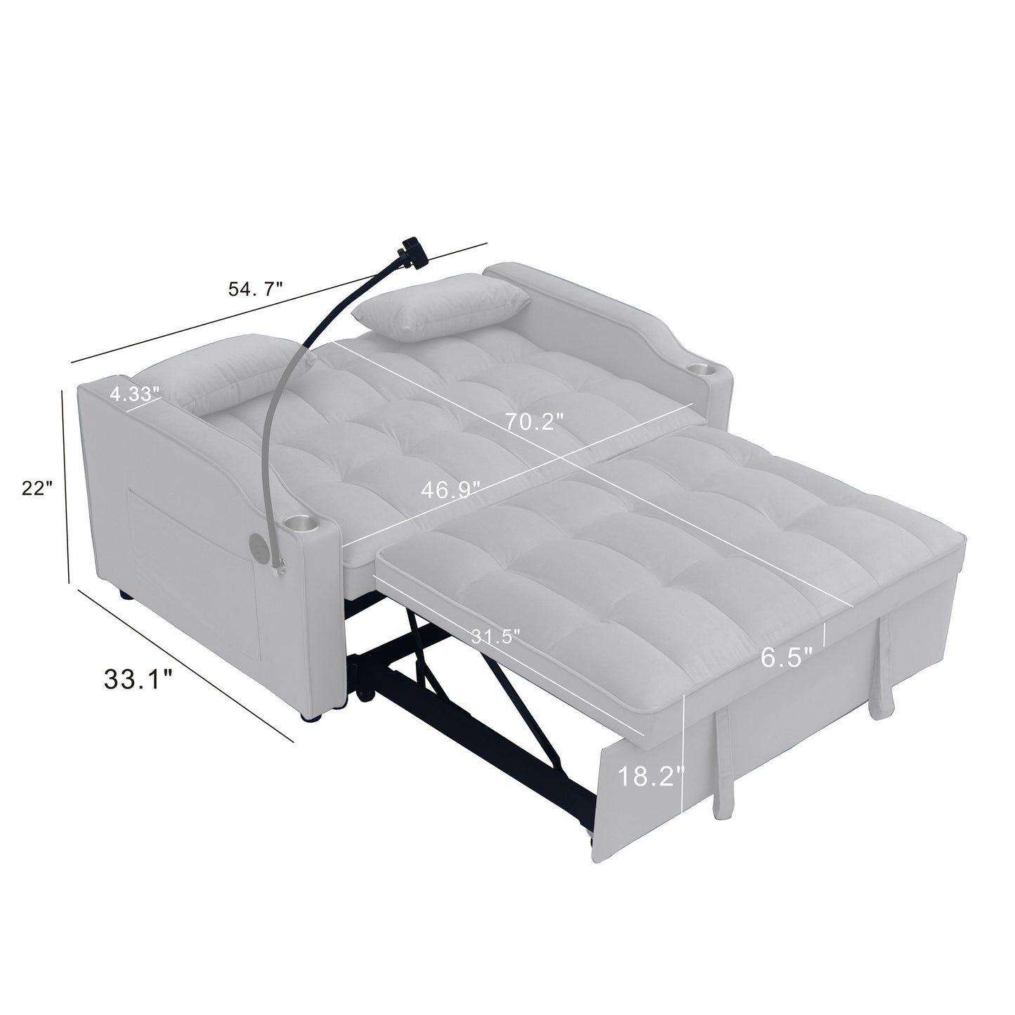 Modern Velvet Loveseat Futon Sofa Couch With Pullout Bed, Adjustable Backrest, Toss Pillows - Light Gray