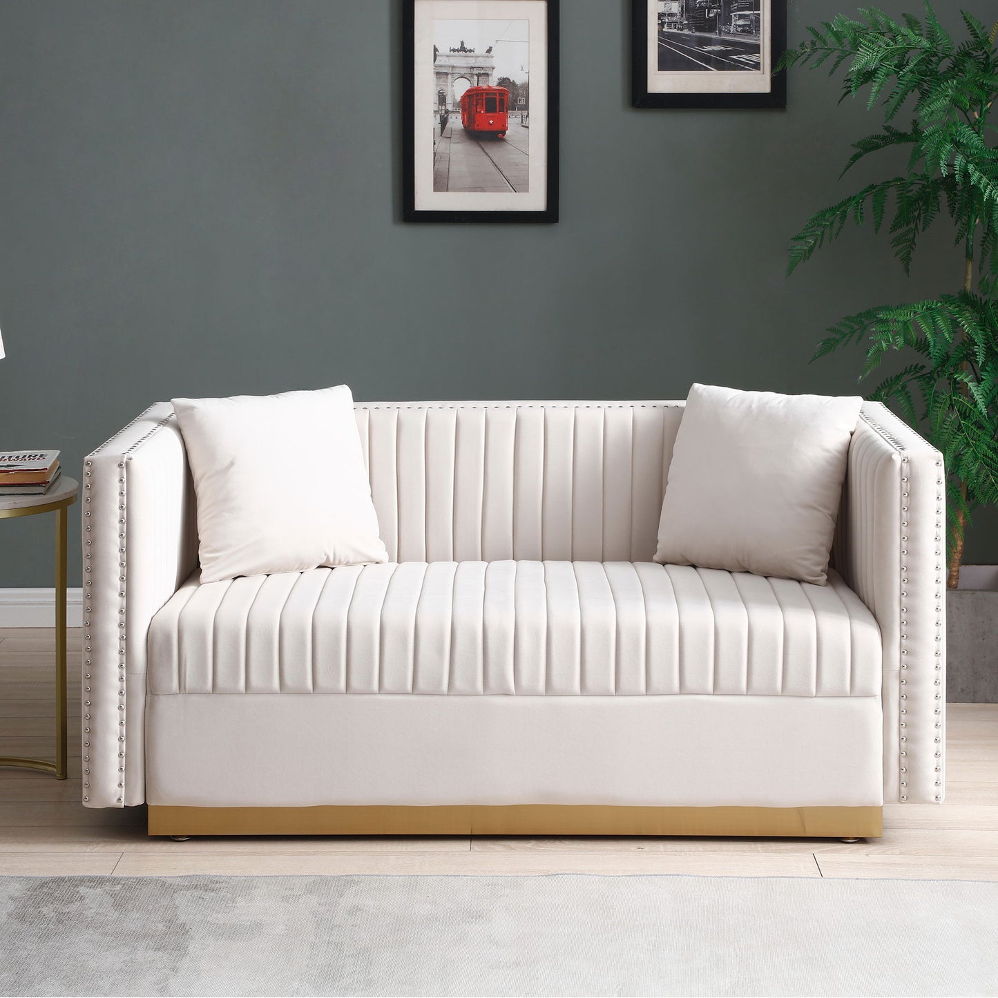 Contemporary Vertical Channel Tufted Sofa Loveseat Modern Upholstered Couch For Living Room With 2 Pillows - Beige