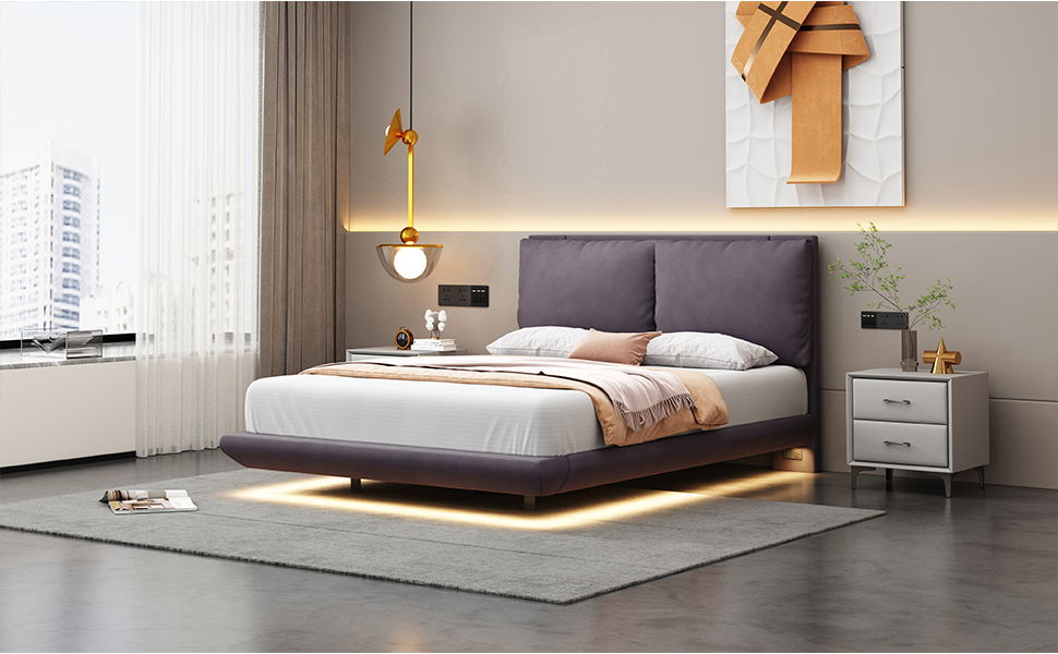 Full Size Upholstered Platform Bed With Sensor Light And 2 Large Backrests, Stylish Platform Bed With 2 Sets Of USB Port And Socket On Each Rear Bed Leg - Gray