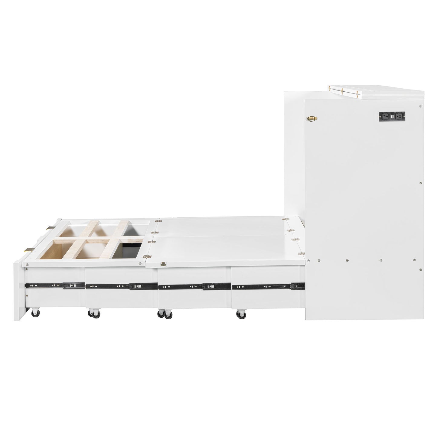 Full Size Murphy Bed With Drawer And A Set Of Sockets & USB Ports, Pulley Structure Design - White