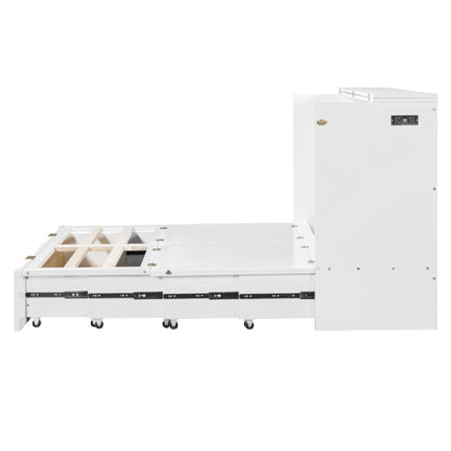 Full Size Murphy Bed With Drawer And A Set Of Sockets & USB Ports, Pulley Structure Design - White