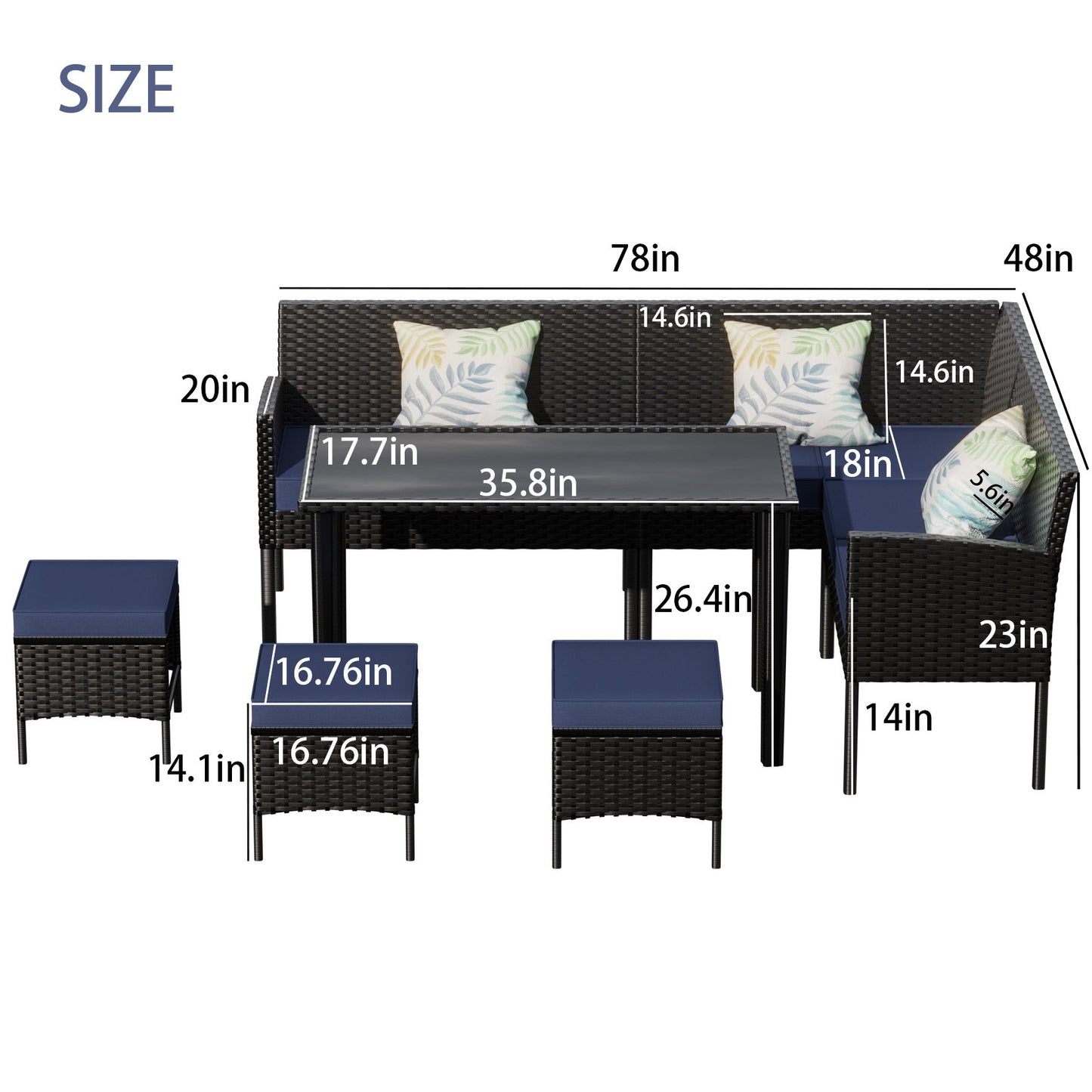 7 Piece Outdoor Furniture Set Waterproof Cushions Glass Table Space Saving - Blue