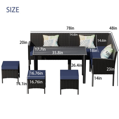7 Piece Outdoor Furniture Set Waterproof Cushions Glass Table Space Saving - Blue