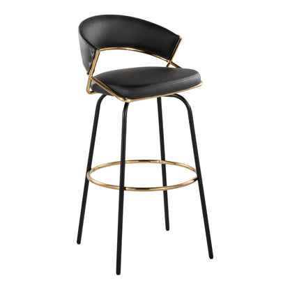 Jie - Fixed Height Contemporary Barstool With Swivel With Round Footrest (Set of 2) - Gold / Black / Gold