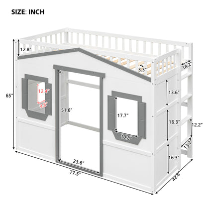 Twin Size House Loft Bed With Ladder - White / Gray