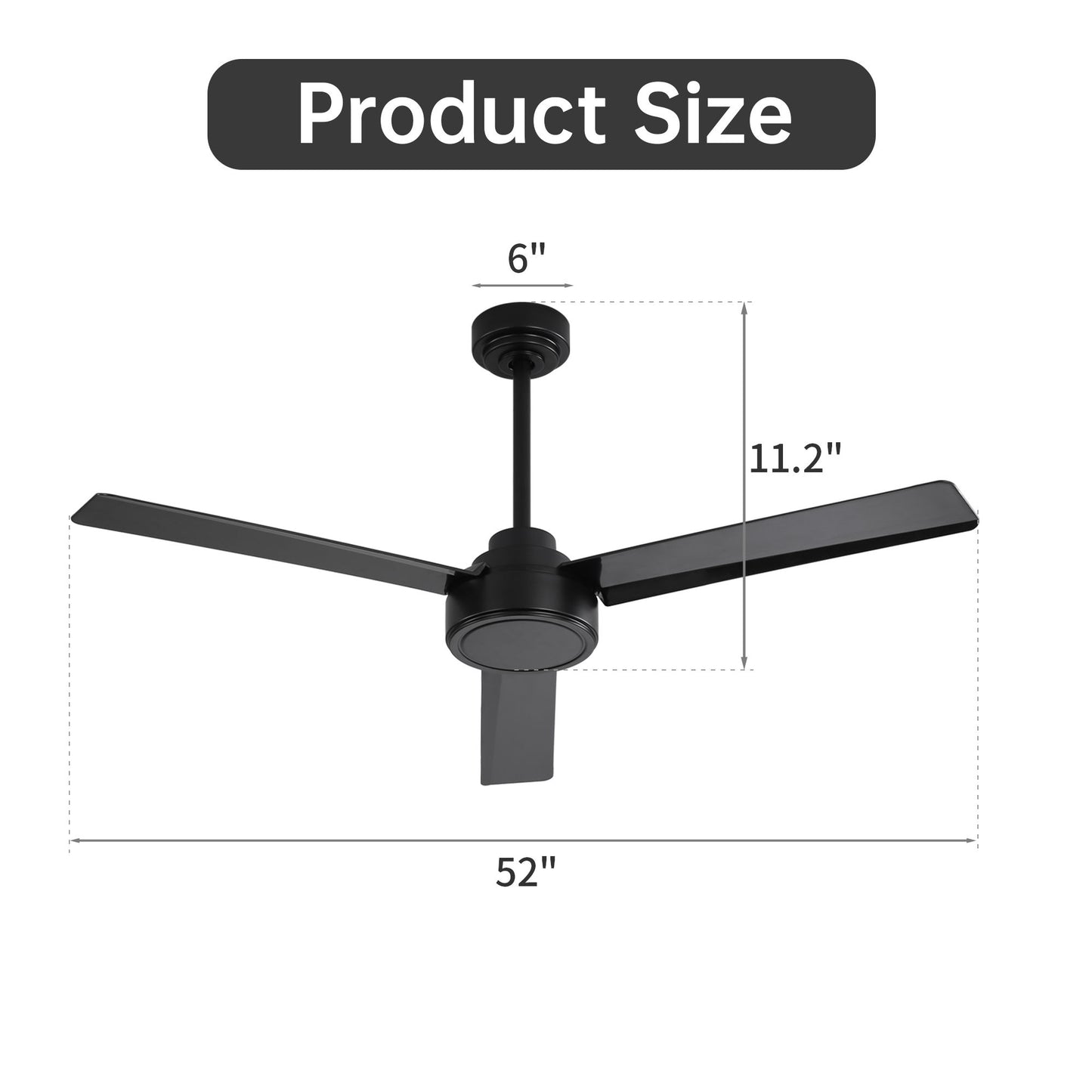 52" Outdoor Ceiling Fan Without Light, 3 Abs Blades Farmhouse Ceiling Fan With Remote Control 6-Speed Reversible Dc Motor For Living Room, Bedroom, Kitchen - Black