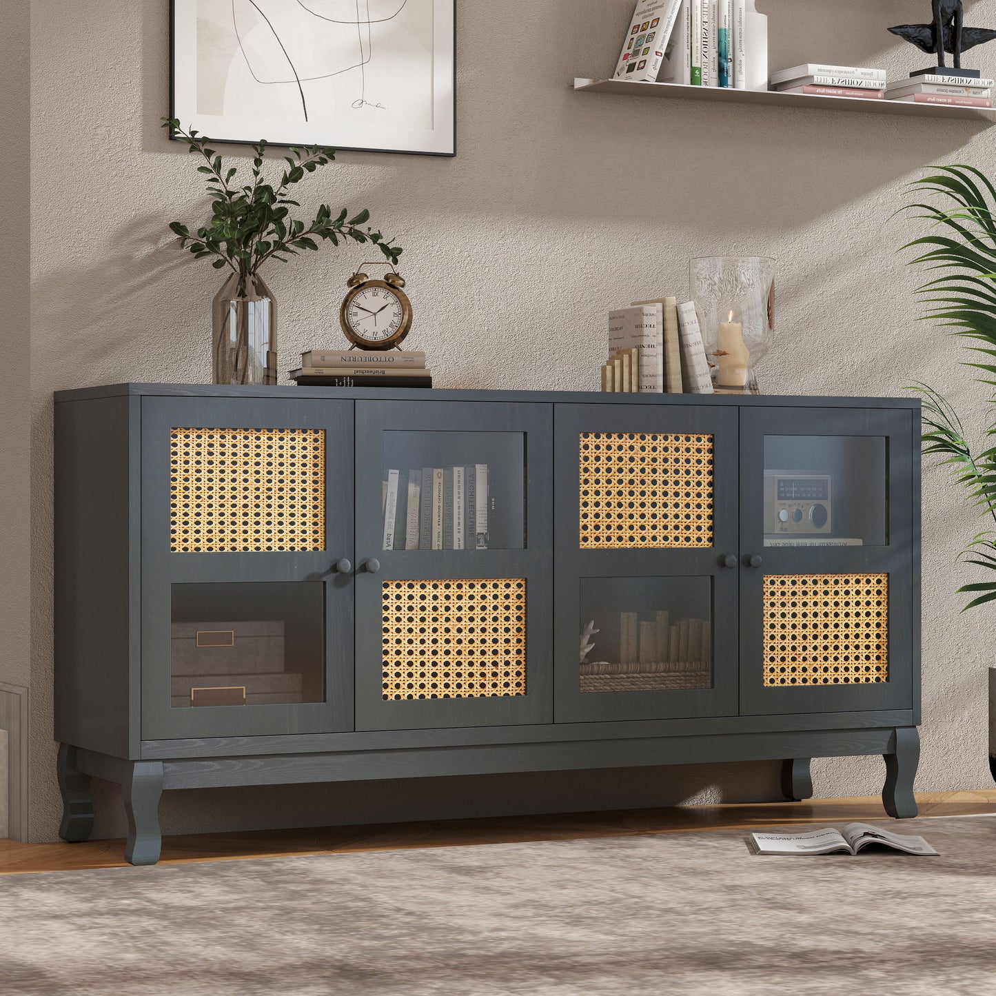 Retro Industrial Gray 4 Door Sideboard With Large Storage, Rattan And Glass Doors - Antique Dark Gray / Rattan