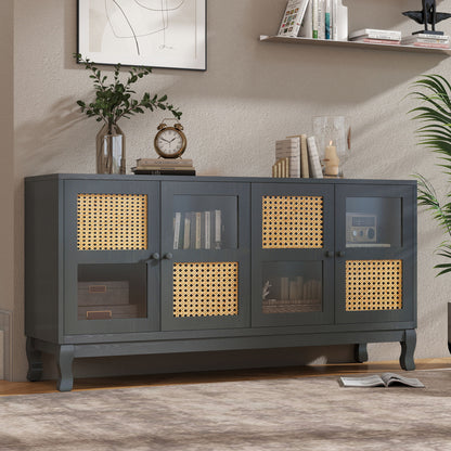 Retro Industrial Gray 4 Door Sideboard With Large Storage, Rattan And Glass Doors - Antique Dark Gray / Rattan
