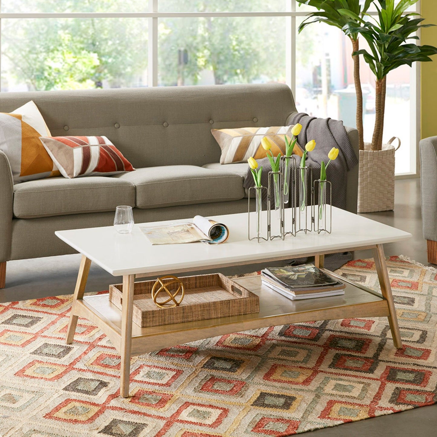 Modern Coffee Table With Extra Storage Manufactured Wood Top Solid Wood Frame - Off White / Natural