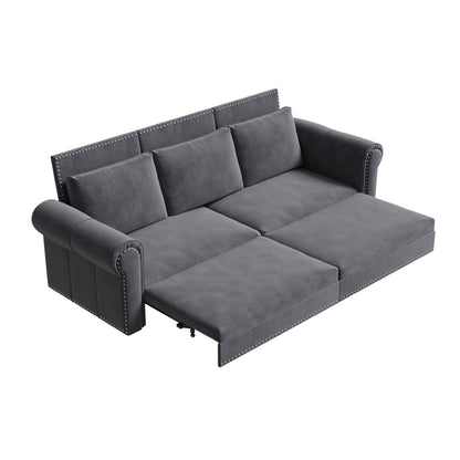 King Pull Out Sofa Bed, Chesterfield Sofa, 3 In 1 Velvet Convertible Sleeper Sofa With Nailhead Trim & Rolled Arm Multifunctional Sofa Bed For Living Room - Gray