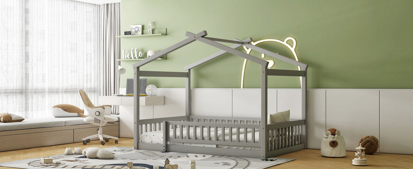 Full Size Bed House Bed Frame With Fence - Gray