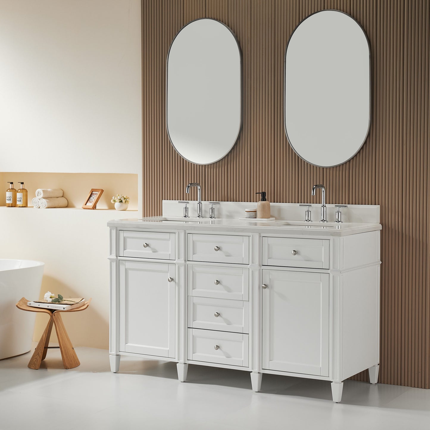 Fully Assembled 60'' Freestanding Double Sinks Bathroom Vanity With Quartz Top - White