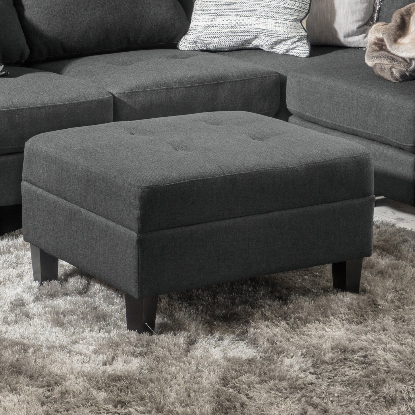 Classic Fabric Ottoman With Birch Wood Legs And High Quality Foam Padding - Dark Gray