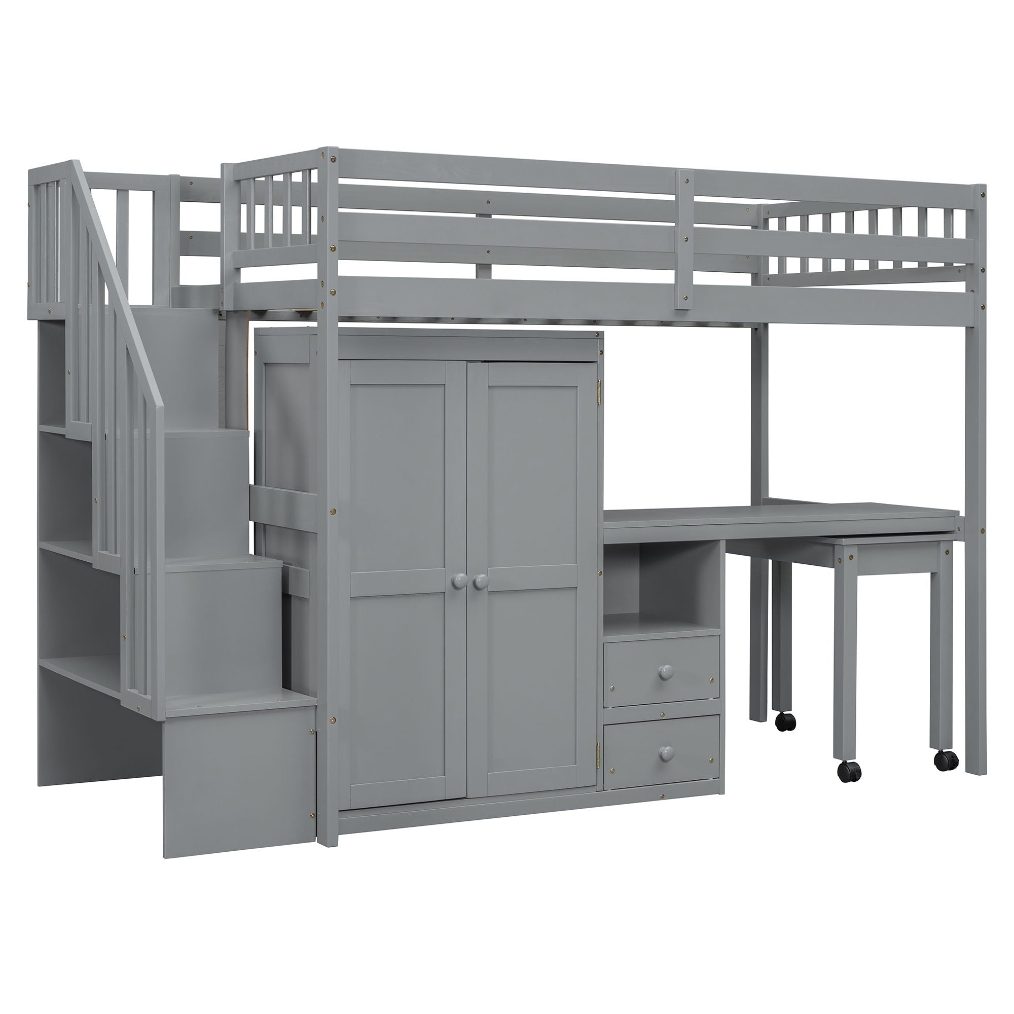 Twin Size Loft Bed With Stairs, Bookshelf, Drawers, Desk & Wardrobe, Space Saving Multifunctional Furniture - Gray