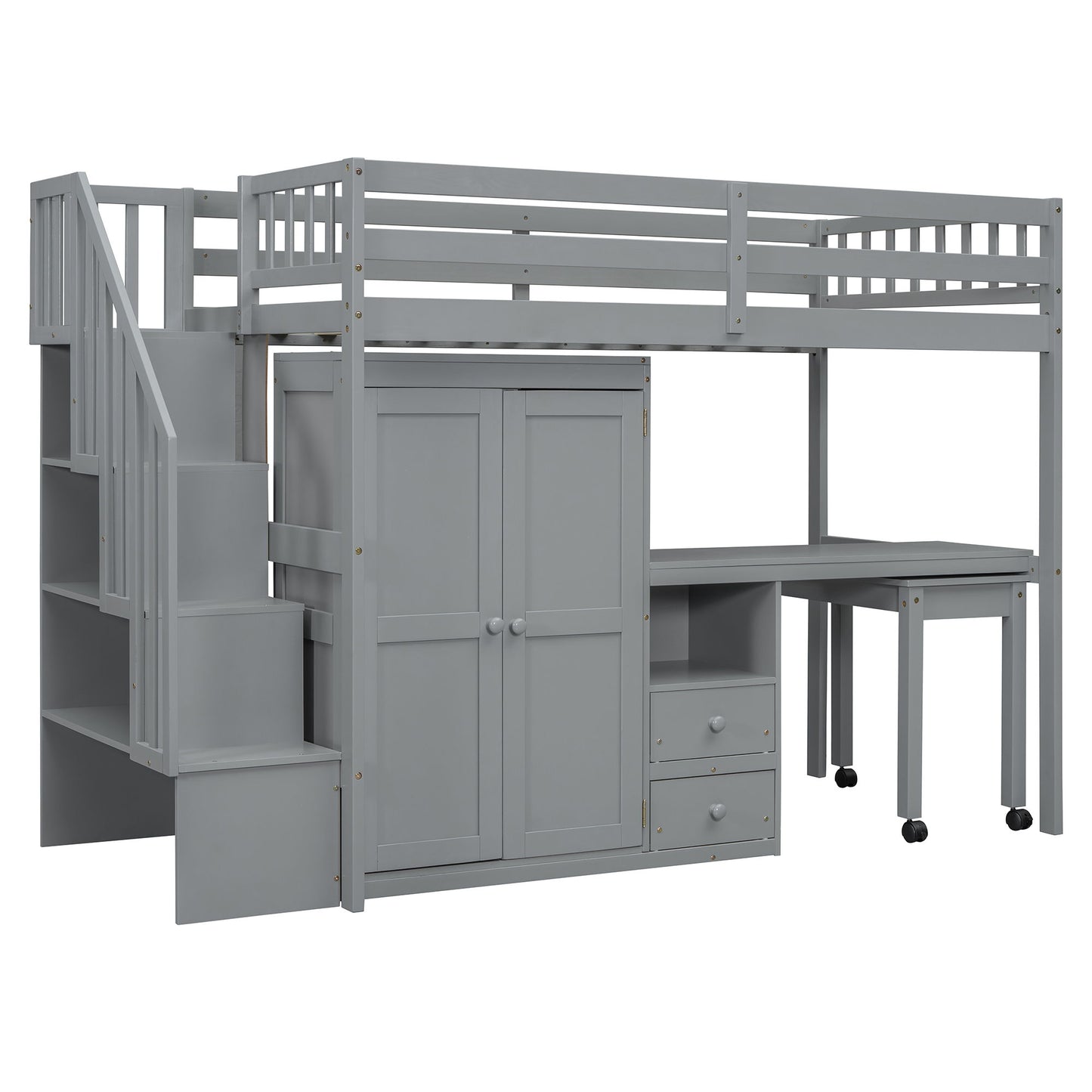 Twin Size Loft Bed With Stairs, Bookshelf, Drawers, Desk & Wardrobe, Space Saving Multifunctional Furniture - Gray