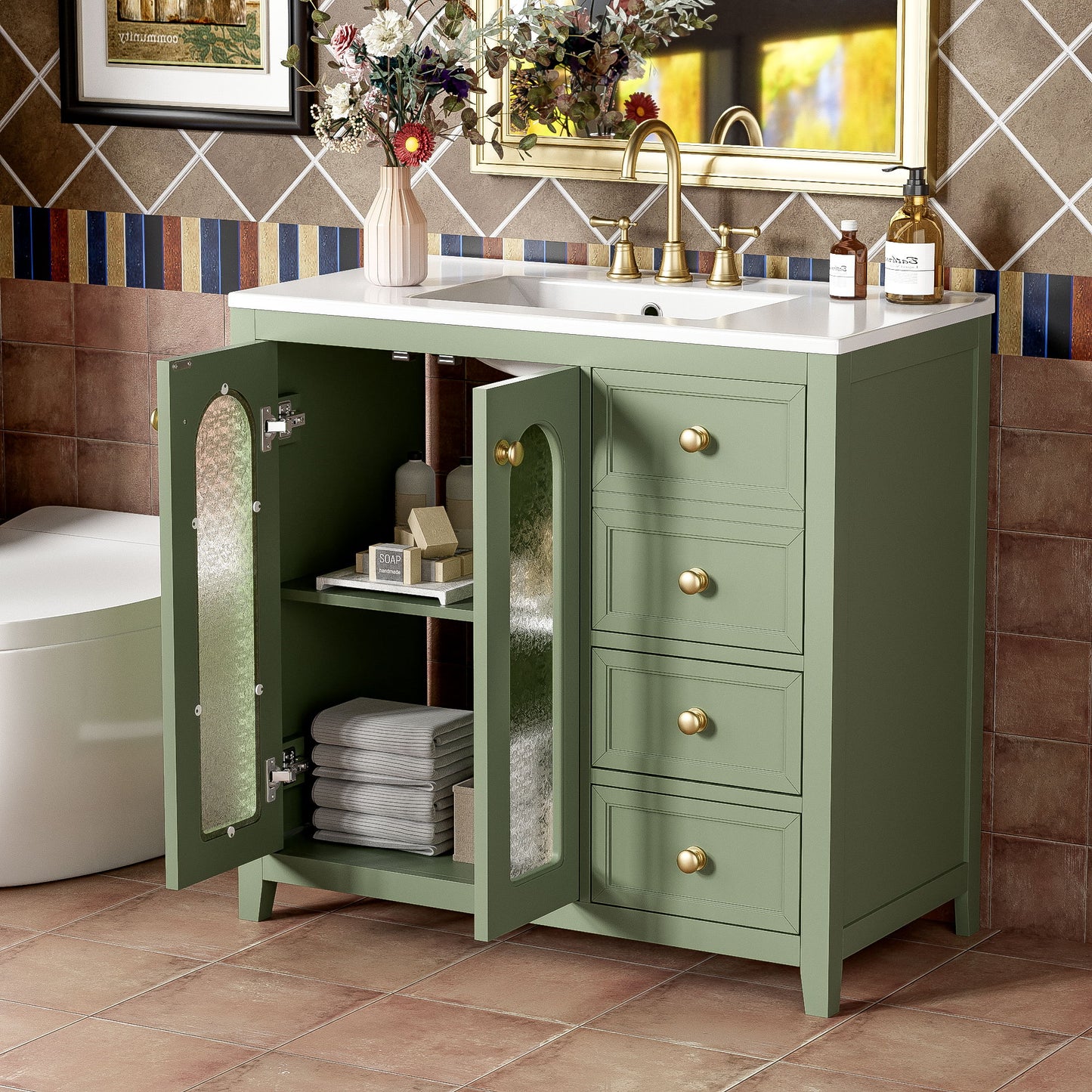 Bathroom Vanity With Two Soft Close Doors, Adjustable Shelves And Three Drawers - Green