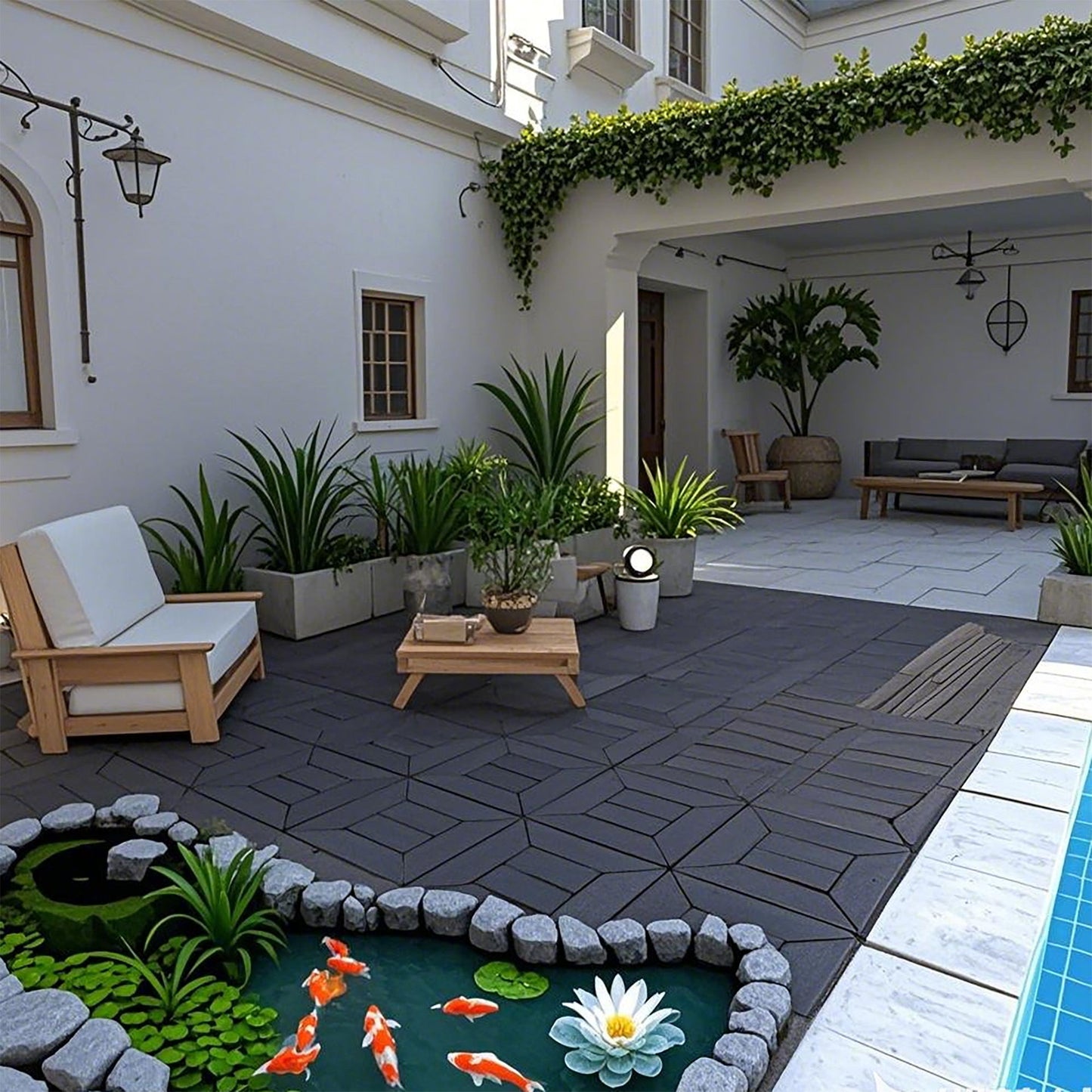 New Style Patio Deck Tiles, Diy Module Interlocking Decking Tiles Floor Tile Outdoor And Indoor, Easy And Quick Installation Court Tiles For Porch Poolside Balcony Backyard 44 Pieces - Dark Gray
