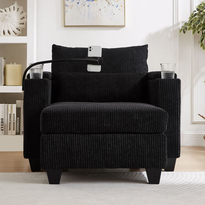 Convertible Chaise Lounge Sofa Chair Bed With USB Ports, Cup Holders & Storage - Black