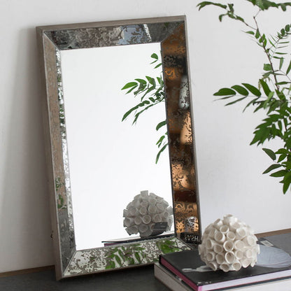 Antique Rectangle Mirror With Floral Accents, Mirrored Display Tray, Hanging Wall Mirror - Silver