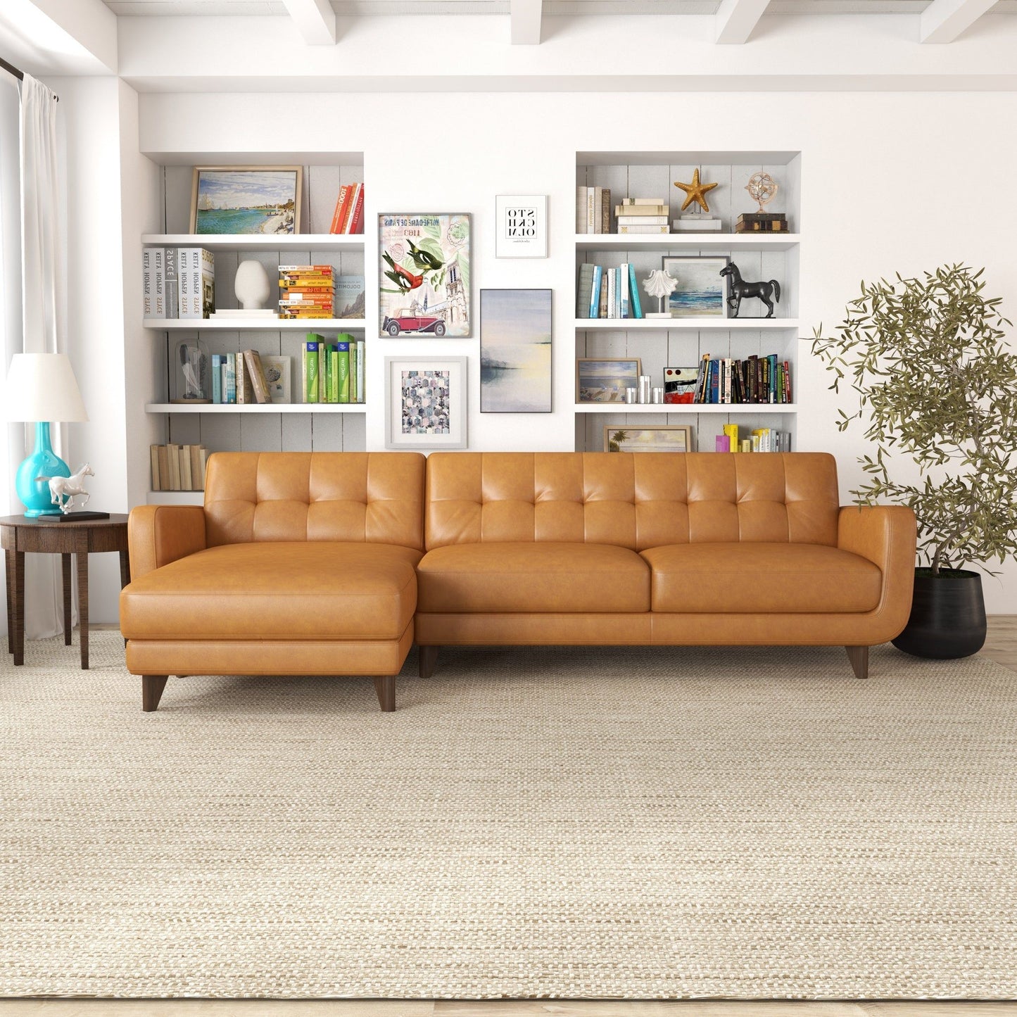 Allison - Left Facing Leather Sectional Sofa - Tan