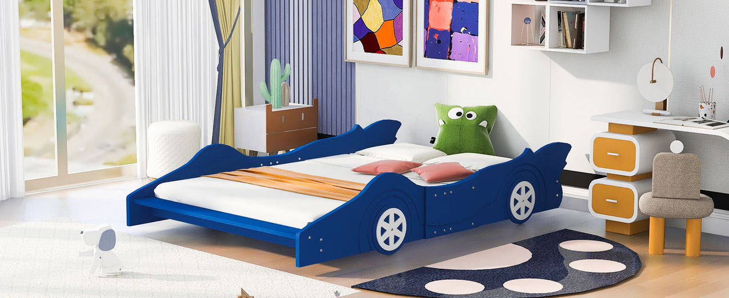Full Size Race Car-Shaped Platform Bed & Wheels - Blue