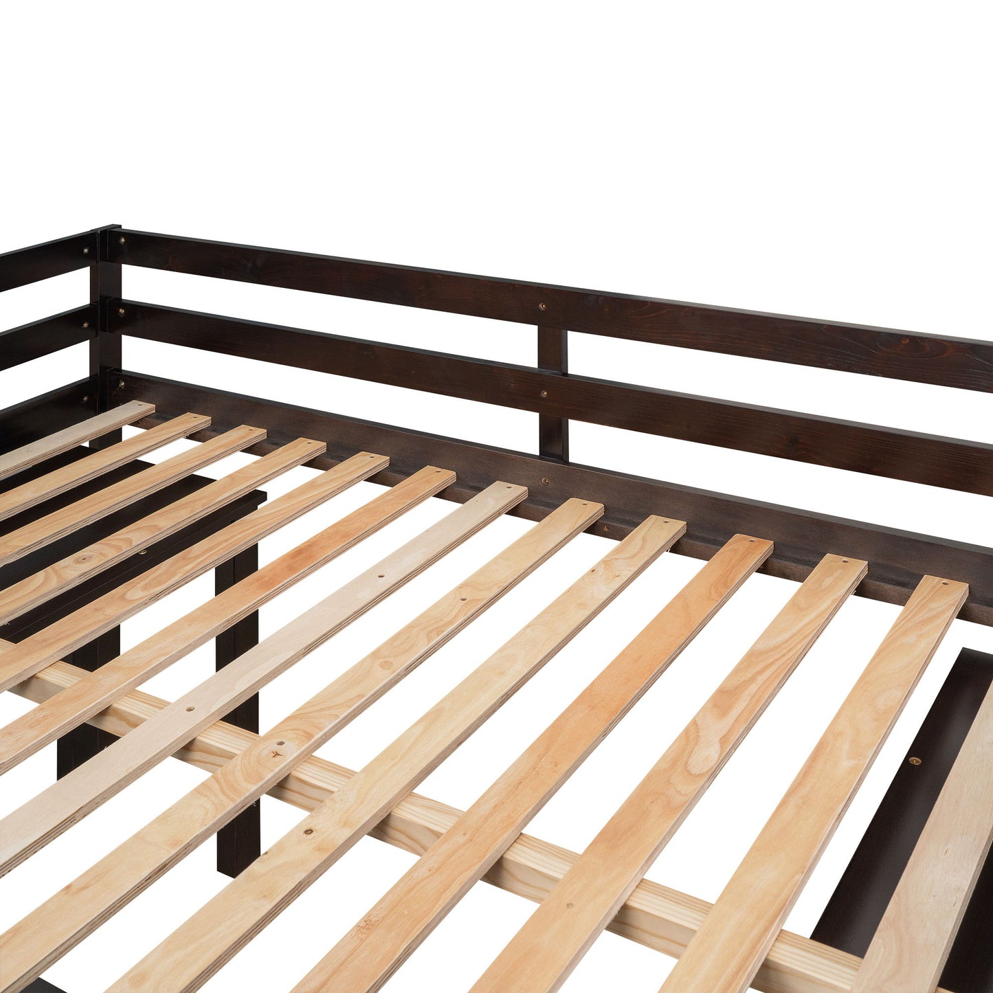 Full Loft Low Study Bed With Cabinet, Shelves And Rolling Portable Desk, Multiple Functions - Espresso