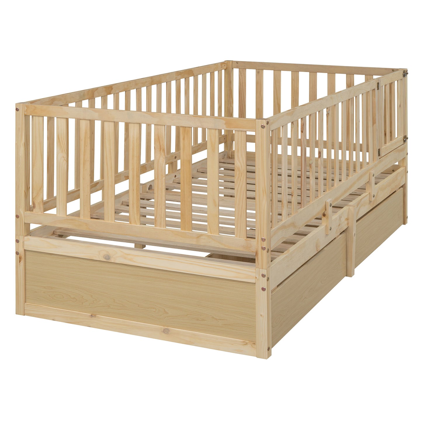 Twin Size Daybed With Fence Guardrails And 2 Drawers, Versatile Split Floor Bed & Daybed - Natural