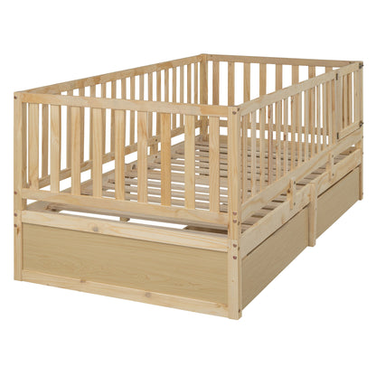 Twin Size Daybed With Fence Guardrails And 2 Drawers, Versatile Split Floor Bed & Daybed - Natural