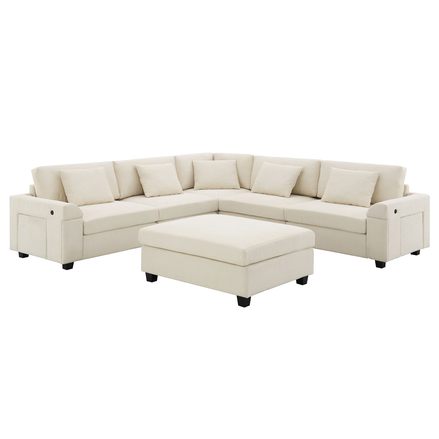 U Shaped Sectional Sofa 6 Seat Couch Set With Oversized Ottoman, Hidden Armrest Storage And Cup Holders USB Charging Ports Wide Seat Sofa - Off White