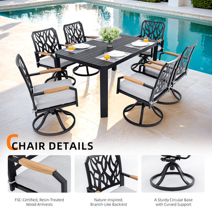 7 Pieces Outdoor Patio Furniture Set, Modern Dining Set With 6 Swivel Rockers Sunbrella Fabric, Rectangular Table With Umbrella Hole - Bourbon Brown