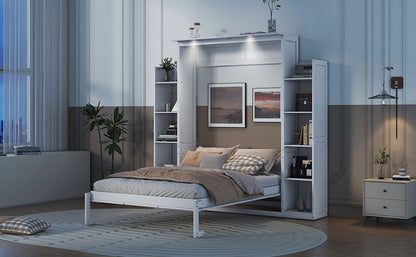 Full Size Murphy Wall Bed With Shelves And LED Lights - White