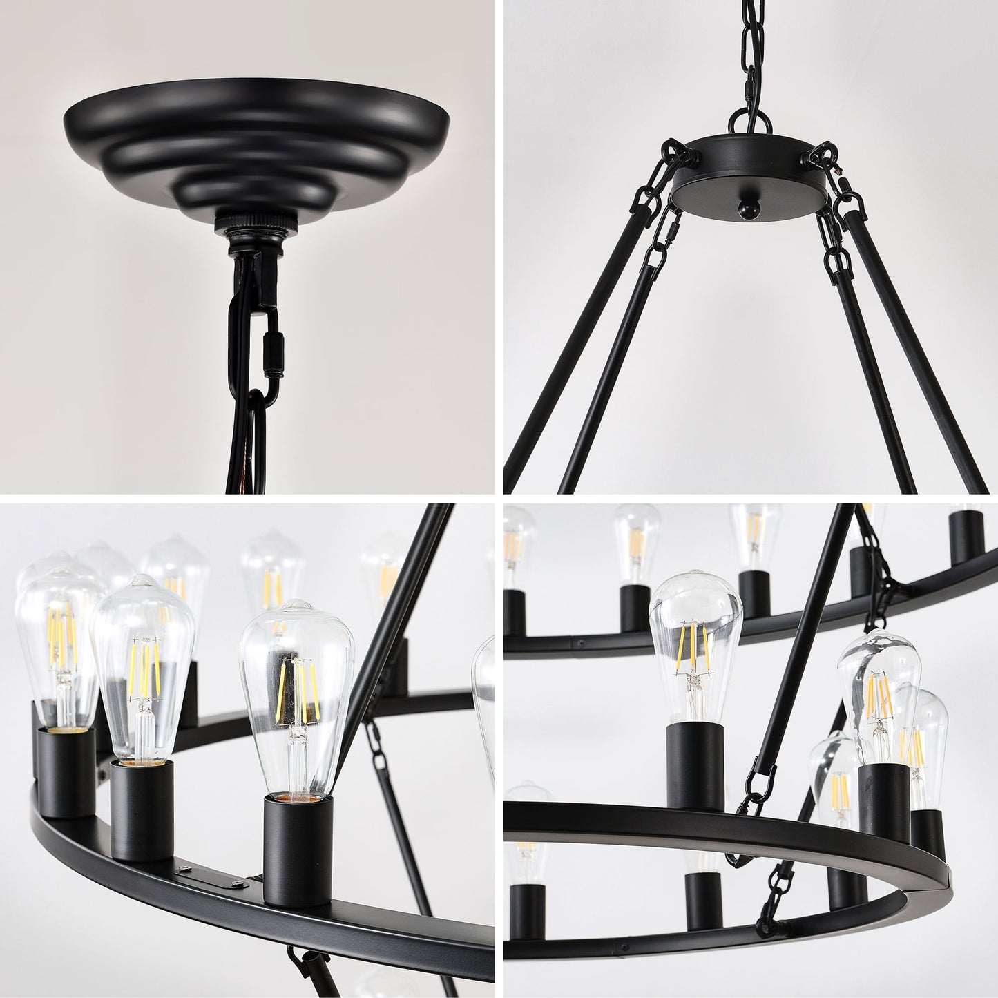 Extra Large Wagon Wheel Chandelier, 2 Tier 36 Lights (No Include) Farmhouse Industrial Round High Ceiling Pendant Light Adjustable Chain, For Dining Room, Living Room, Kitchen - Black