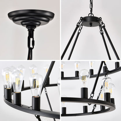 Extra Large Wagon Wheel Chandelier, 2 Tier 36 Lights (No Include) Farmhouse Industrial Round High Ceiling Pendant Light Adjustable Chain, For Dining Room, Living Room, Kitchen - Black