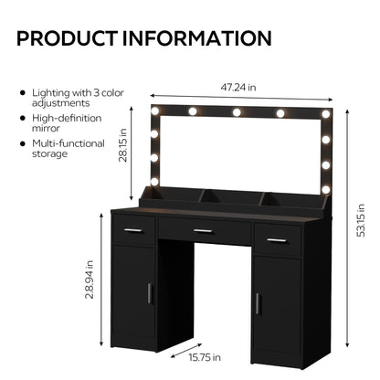 Vanity Desk With Large Mirror, 3 Colour Lighting Modes, Adjustable Brightness, Dresser With 3 Drawers & 2 Vertical Cabinets, Makeup Vanity Table For Women & Girls - Black