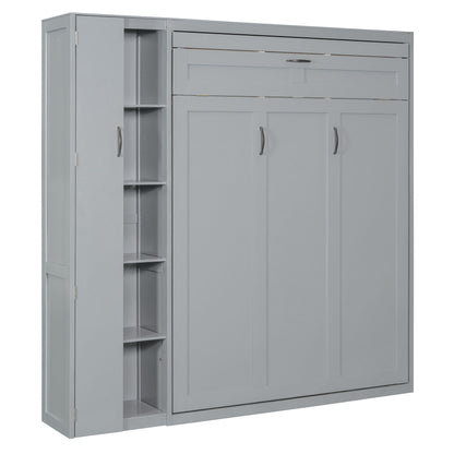 Full Size Murphy Wall Bed With Shelves, Wardrobe And LED Lights - Gray