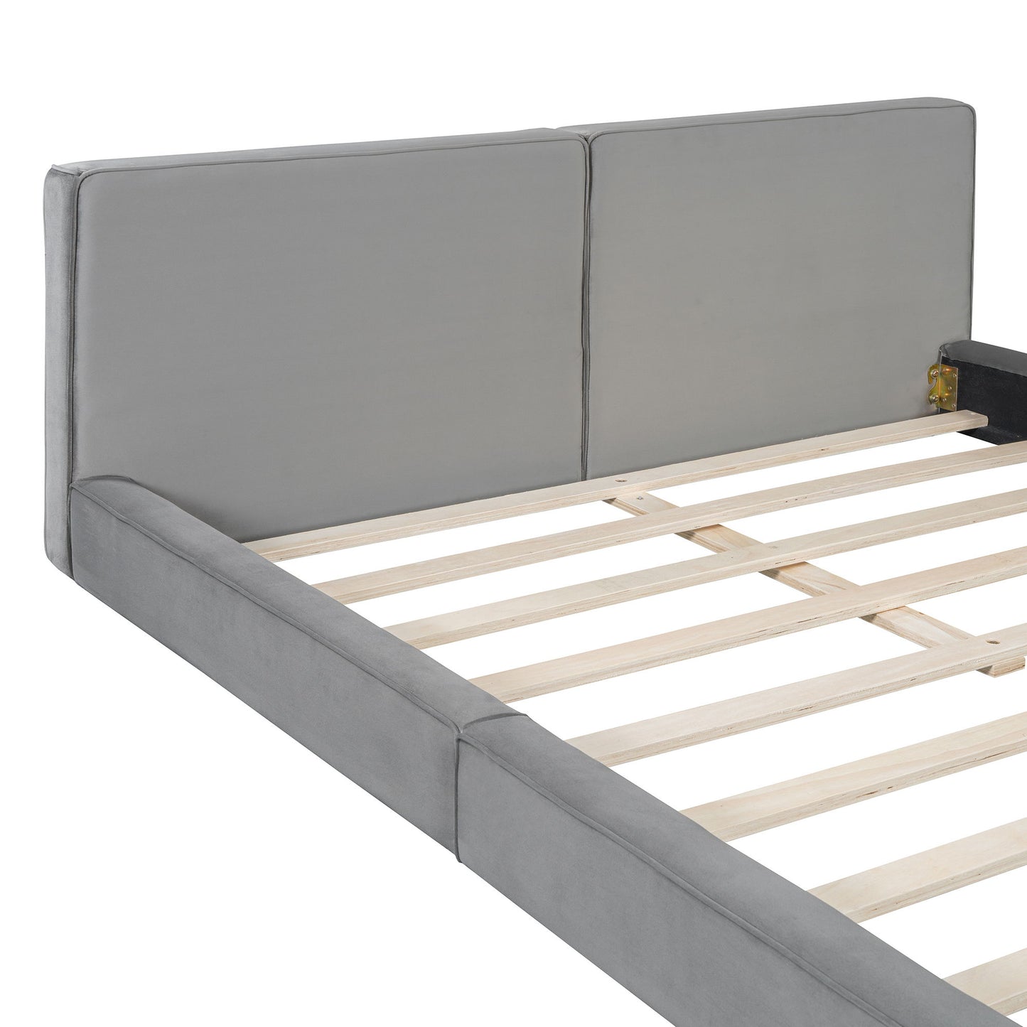 Queen Size Upholstered Platform Bed, Grounded Bed With Solid Frame - Gray
