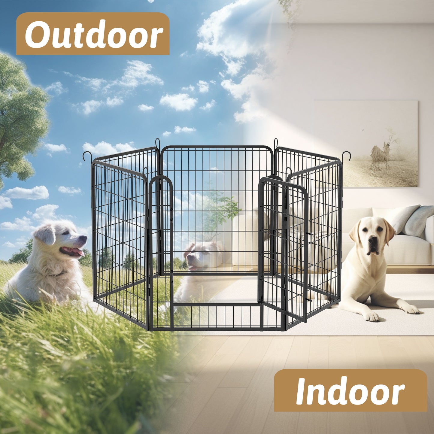53.94" 6 Panels Heavy Duty Metal Playpen With Door, Dog Fence Pet Exercise Pen For Outdoor, Indoor - Black