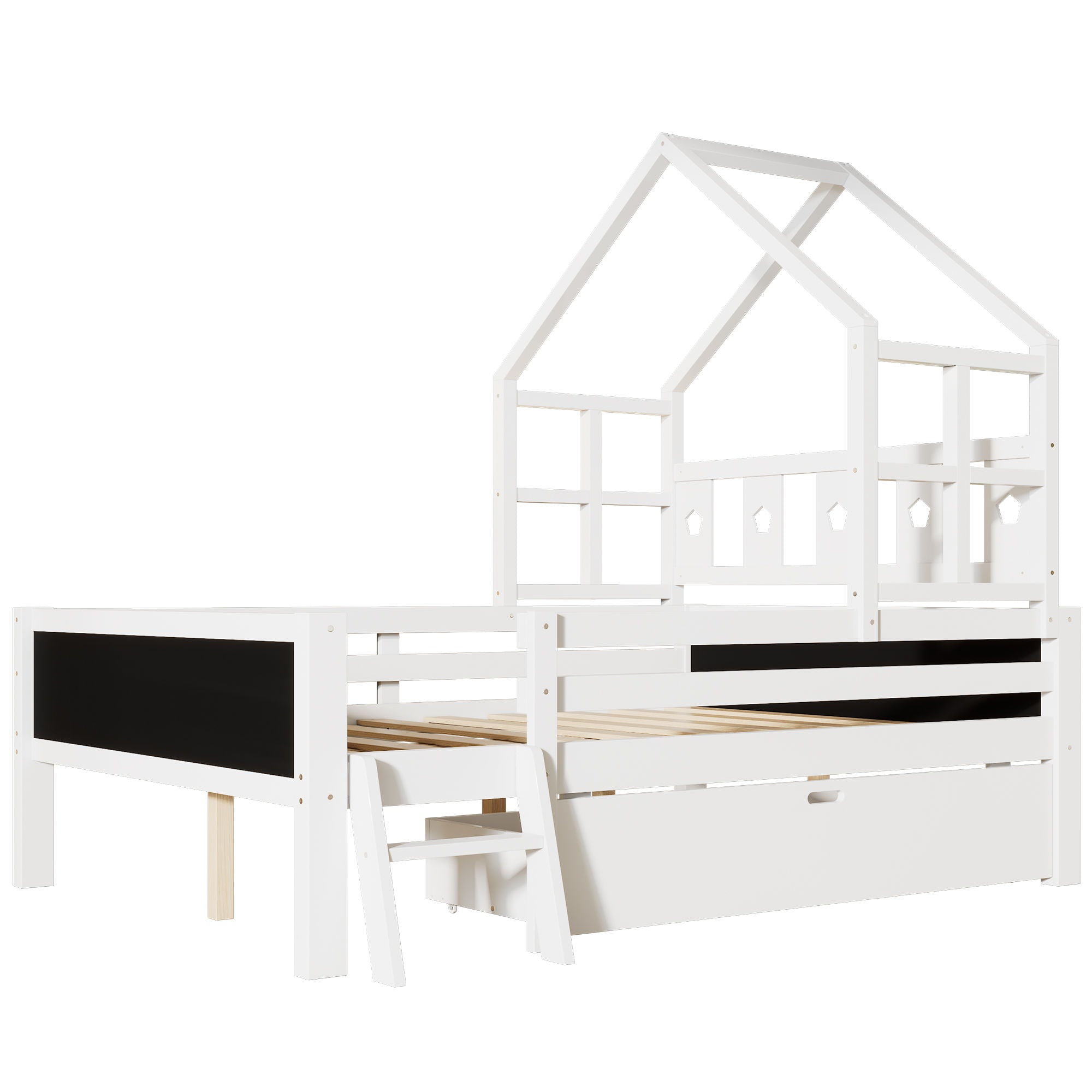 Full Size House Bed With Ladder And Storage Drawers Platform With Blackboard, No Box Spring - White