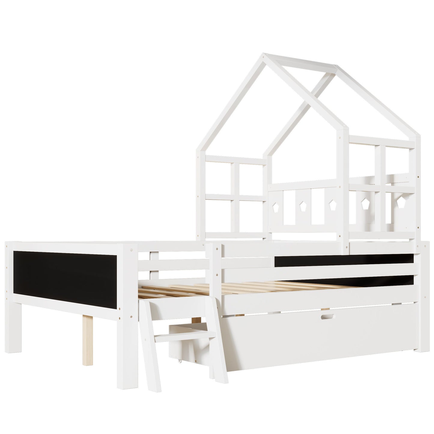 Full Size House Bed With Ladder And Storage Drawers Platform With Blackboard, No Box Spring - White