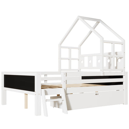 Full Size House Bed With Ladder And Storage Drawers Platform With Blackboard, No Box Spring - White