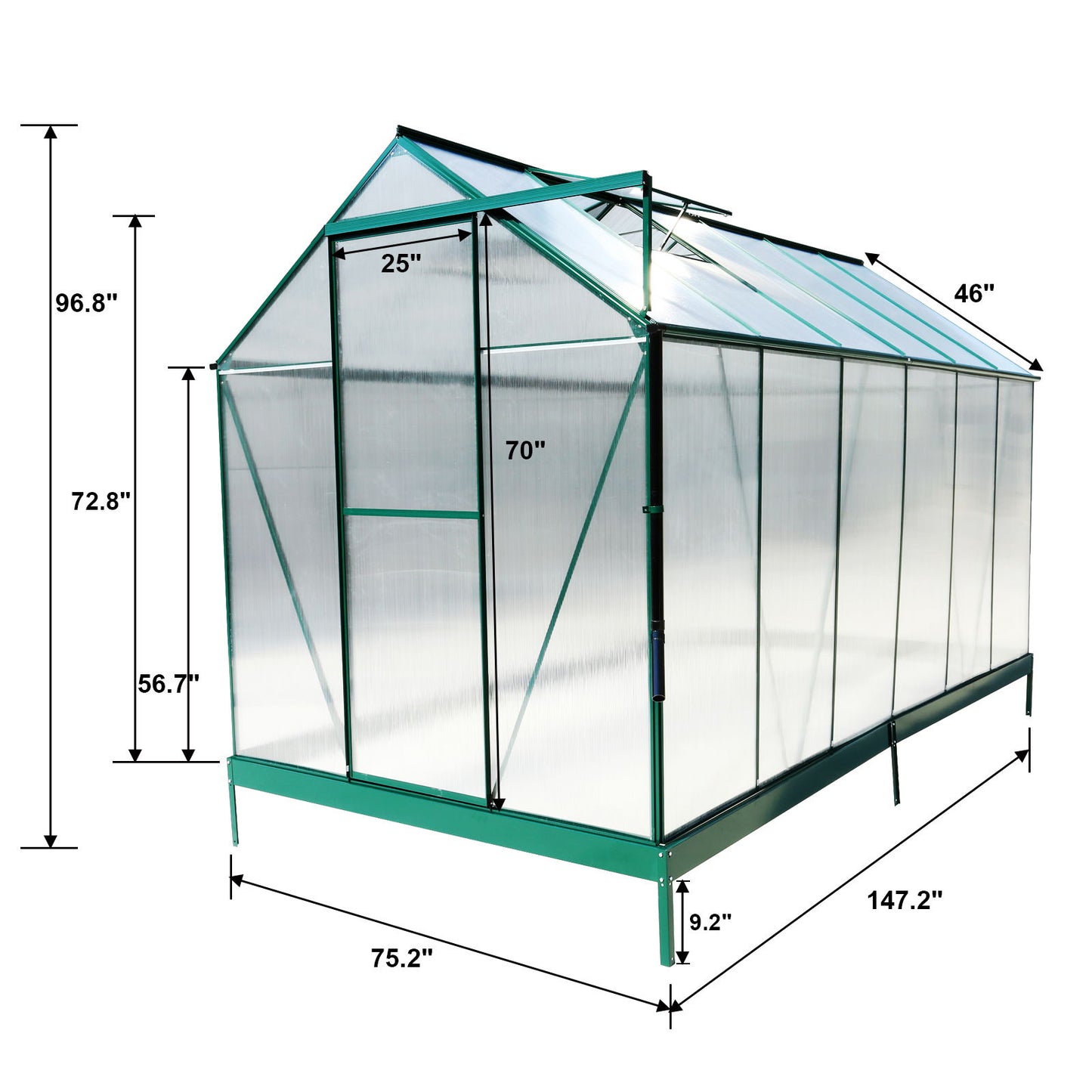 6.3'x12.2'x7' Polycarbonate Greenhouse, Heavy Duty Outdoor Aluminum Walk-In Green House Kit With Rain Gutter, Vent And Door For Backyard Garden - Green