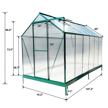 6.3'x12.2'x7' Polycarbonate Greenhouse, Heavy Duty Outdoor Aluminum Walk-In Green House Kit With Rain Gutter, Vent And Door For Backyard Garden - Green