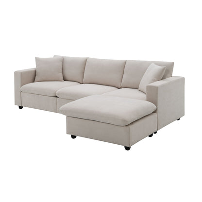 Modern Sectional Sofa With Throw Pillows, Cloud L Shaped Couch Set With Wide 4 Seat Comfy Couch Set With Movable Ottoman - Beige