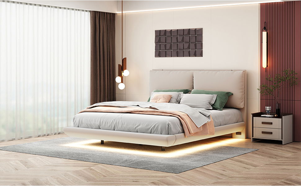 Queen Size Upholstered Platform Bed With Sensor Light And 2 Large Backrests, With 2 Sets Of USB Port And Socket On Each Rear Bed Leg - Beige
