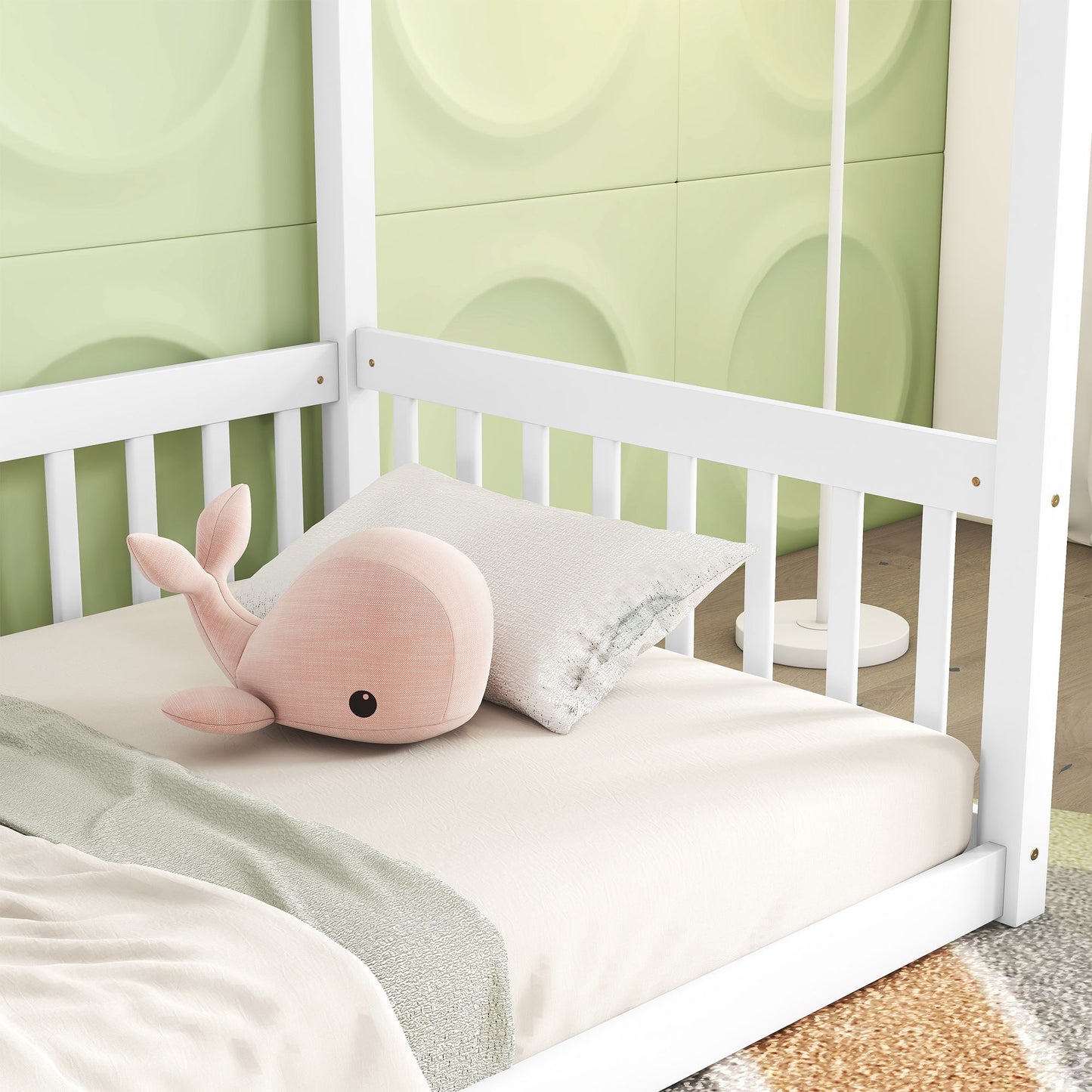 Twin Size Canopy Frame Floor Bed With Fence, Guardrails - White