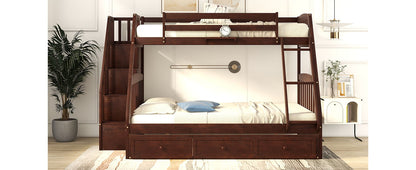 Twin Over Full Bunk Bed With Drawers, Ladder And Storage Staircase - Espresso