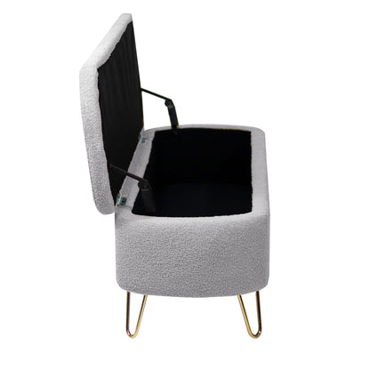 Storage Ottoman Bench For End Of Bed Gold Legs, Modern Gray Faux Fur Entryway Bench Upholstered Padded With Storage For Living Room Bedroom - Gray